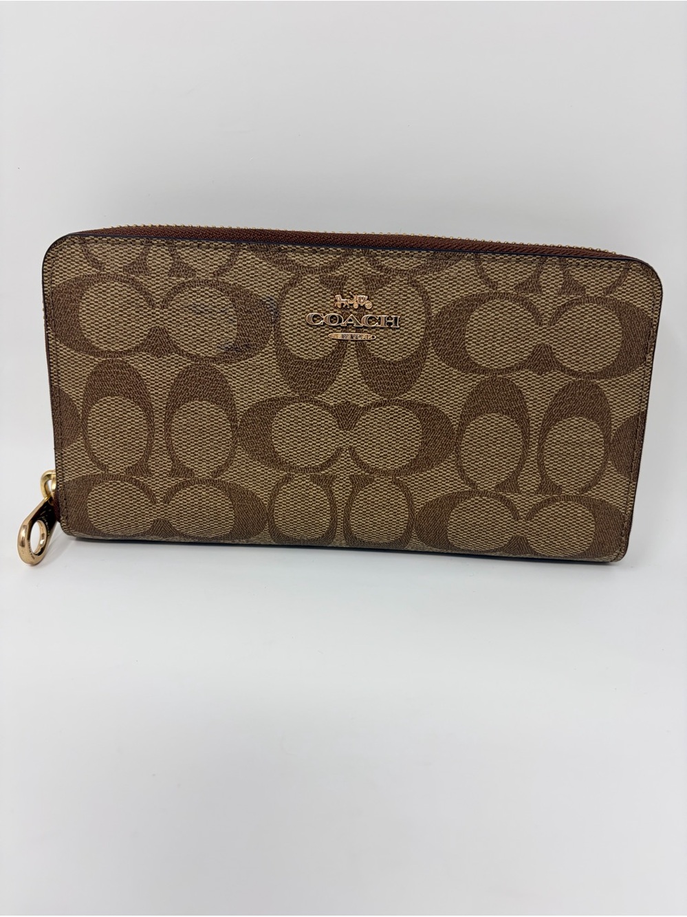 Coach Brown/Tan Signature Zip Wallet with Gold Hardware